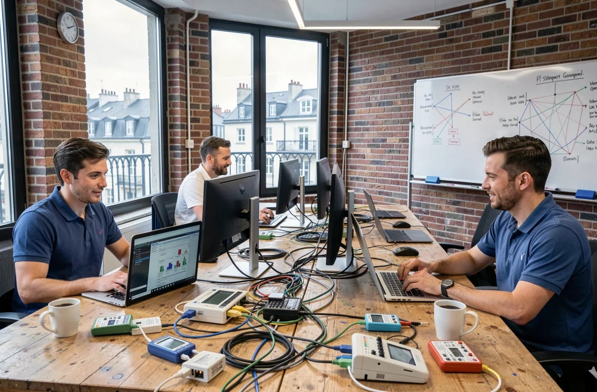 Techniciens informatiques travaillant dans un bureau de dépannage moderne à Lyon