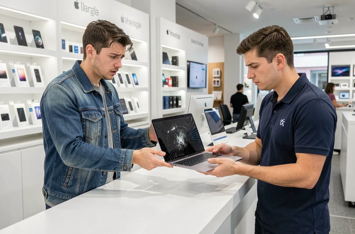 Client déposant un MacBook avec écran cassé au comptoir d'un service de réparation Apple pour obtenir un devis