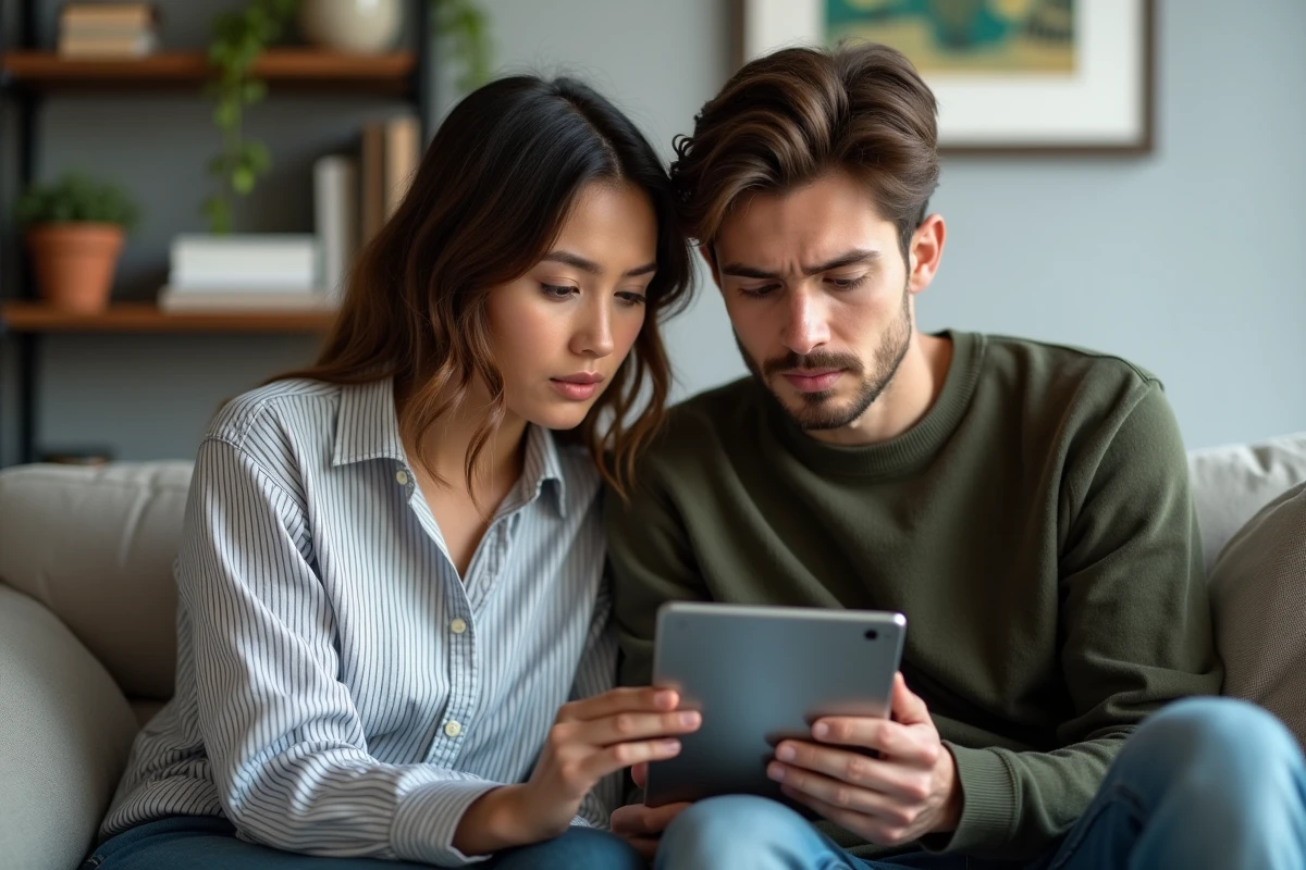 Deux amis examinant ensemble un site tiers sur une tablette pour voir des stories Snapchat sans créer de compte, illustrant les risques potentiels