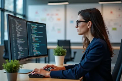Développeuse analysant du code VBA avec des boucles For et conditions If sur un double écran de bureau