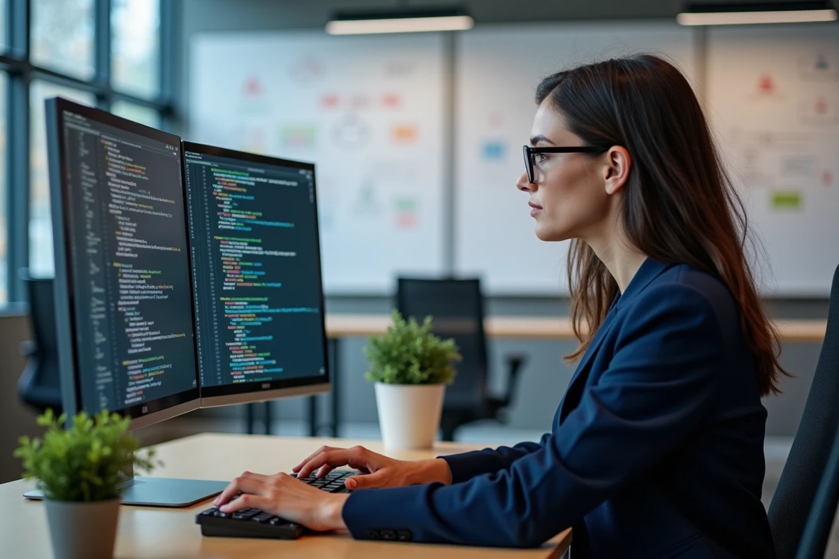 Développeuse analysant du code VBA avec des boucles For et conditions If sur un double écran de bureau