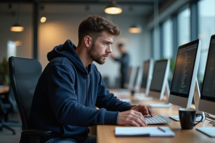Jeune developpeur logiciel concentré devant son ecran dans un bureau moderne