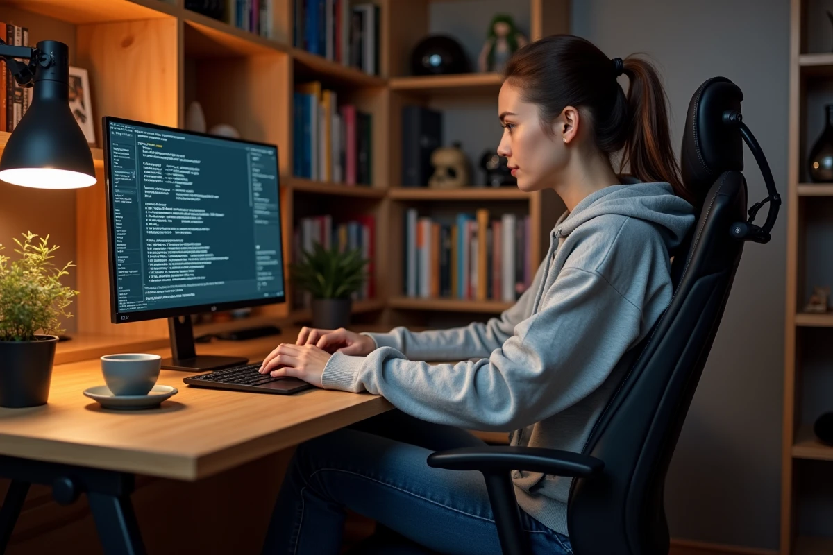 Développeuse configurant des scripts de sauvegarde automatique pour un serveur FiveM depuis son bureau à domicile
