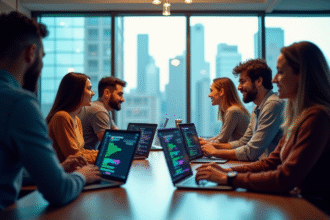 Groupe de developpeurs collaborant dans un bureau lumineux