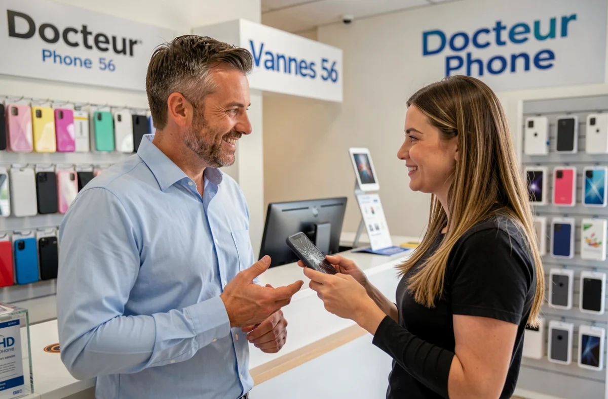 Technicien de Docteur Phone 56 à Vannes accueillant une cliente avec un smartphone à écran brisé au comptoir