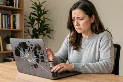 Femme inquiète face à un écran de MacBook fissuré avec des pixels cassés sur un bureau en bois à domicile