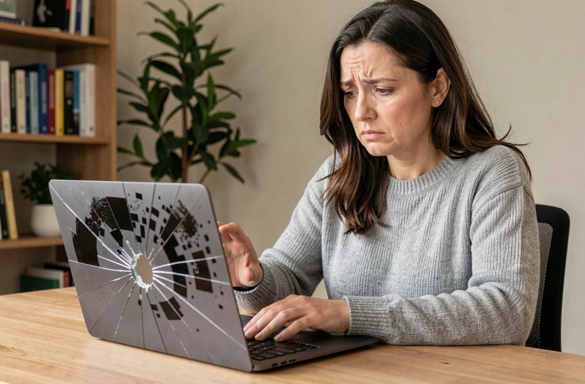 Femme inquiète face à un écran de MacBook fissuré avec des pixels cassés sur un bureau en bois à domicile