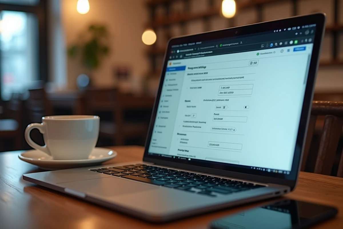 Écran d'ordinateur portable affichant les champs de configuration IMAP et SMTP dans un client de messagerie dans un café