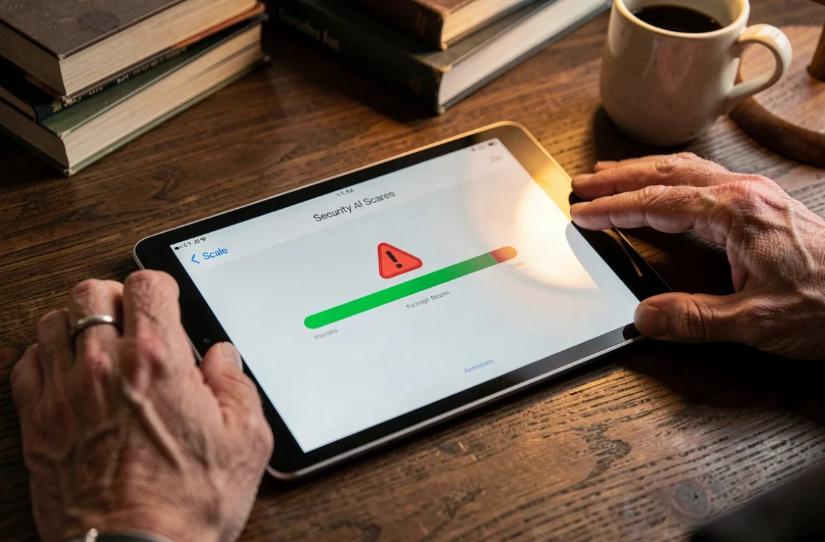 Tablette posée sur un bureau avec application antivirus bloquée et icône d'avertissement rouge