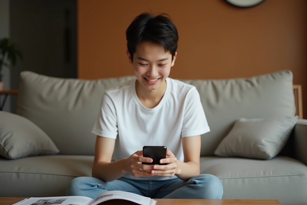 Jeune personne consultant un email de récupération de mot de passe sur smartphone depuis son salon