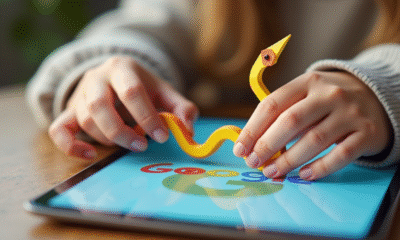 Mains d'enfant tenant un serpent en origami sur une tablette