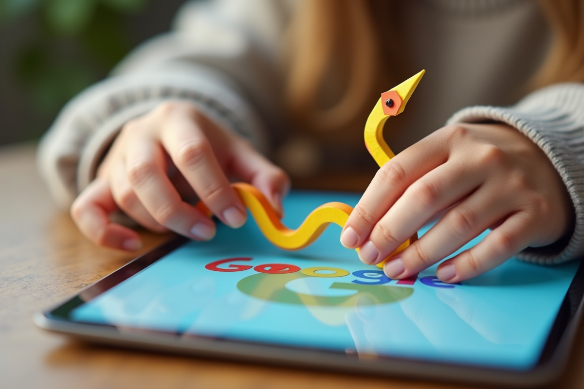 Mains d'enfant tenant un serpent en origami sur une tablette