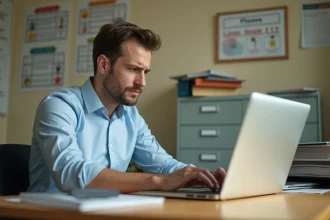 Enseignant frustré devant son ordinateur portable incapable d'accéder au webmail DSDEN 28