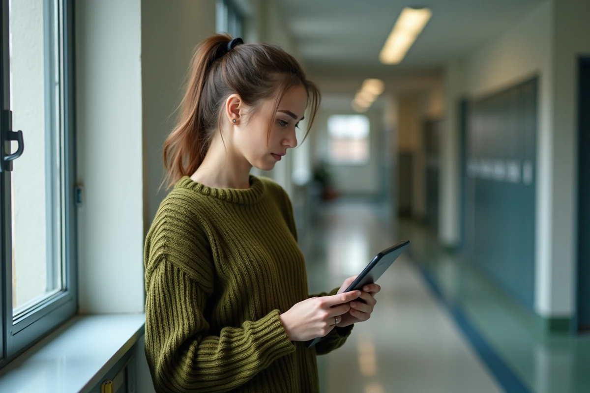Jeune enseignante consultant sa messagerie webmail académique de Créteil sur une tablette dans un couloir scolaire