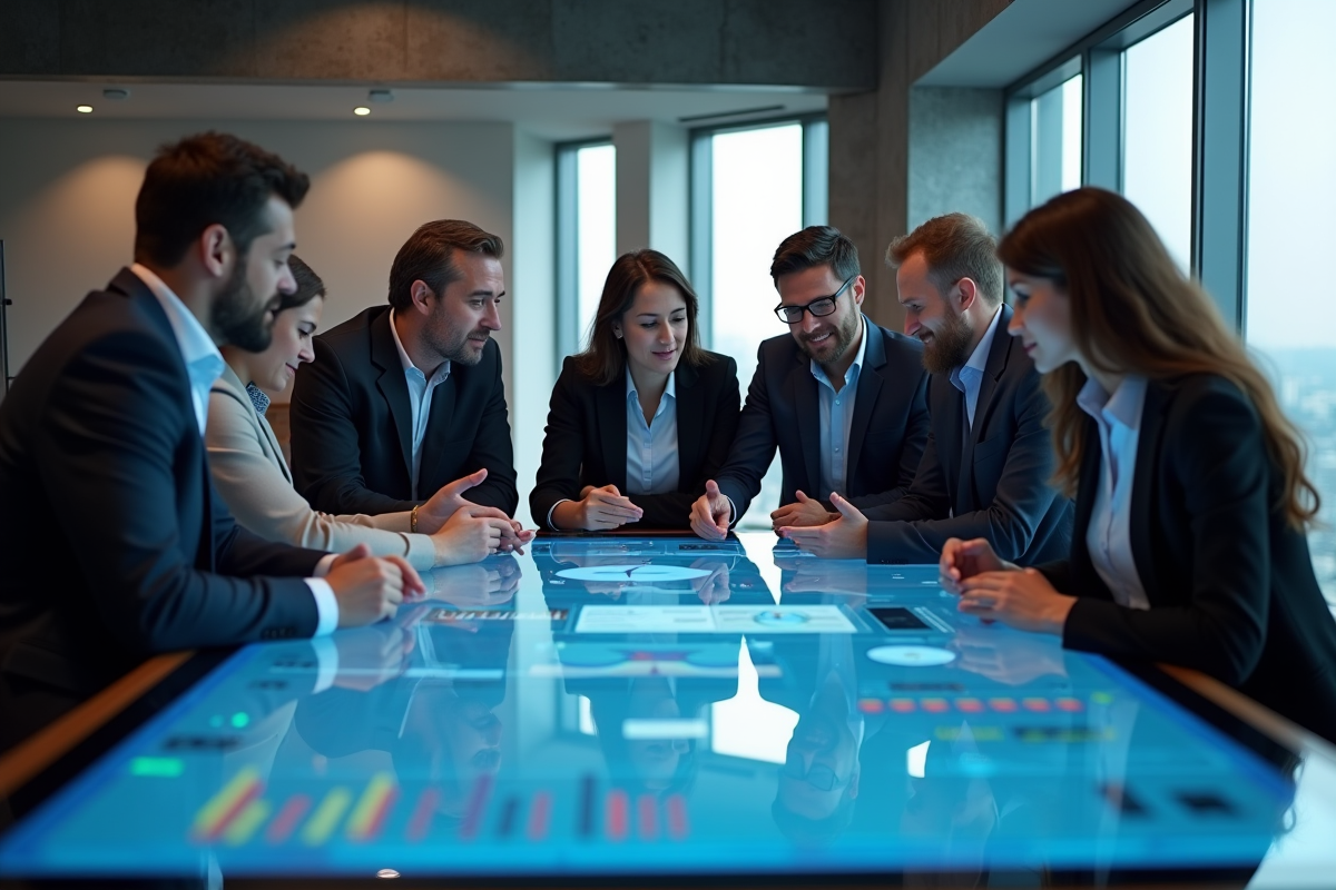 Equipe diversifiee planifiant Kubernetes sur table digitale