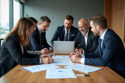 Groupe de professionnels en réunion dans une salle moderne
