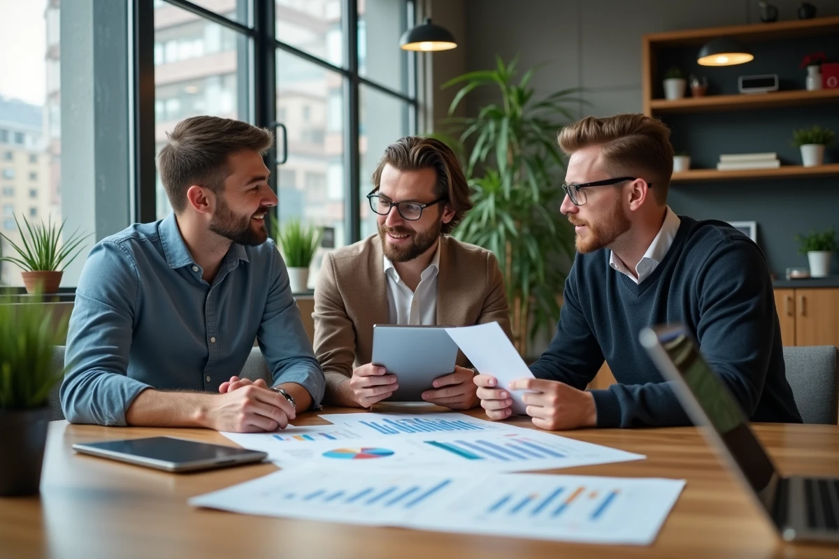 Groupe de trois spécialistes SEO analysant des rapports