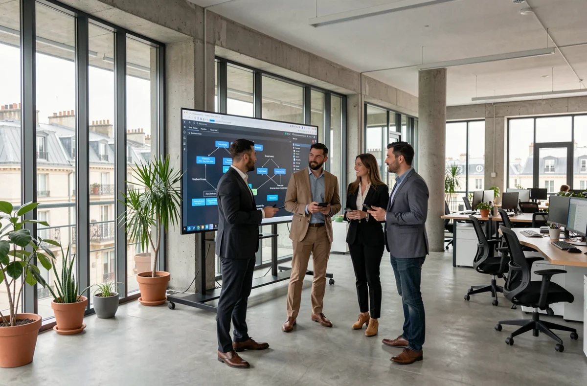 Équipe de professionnels IT en open-space moderne illustrant les ESN en Bourgogne-Franche-Comté