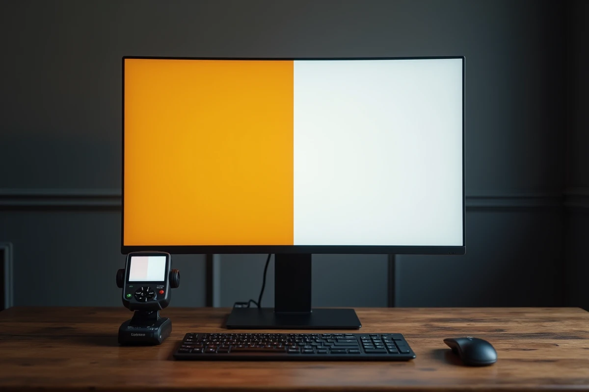 Étalonnage d'un écran OLED 27 pouces avec un colorimètre posé contre le moniteur en studio photo
