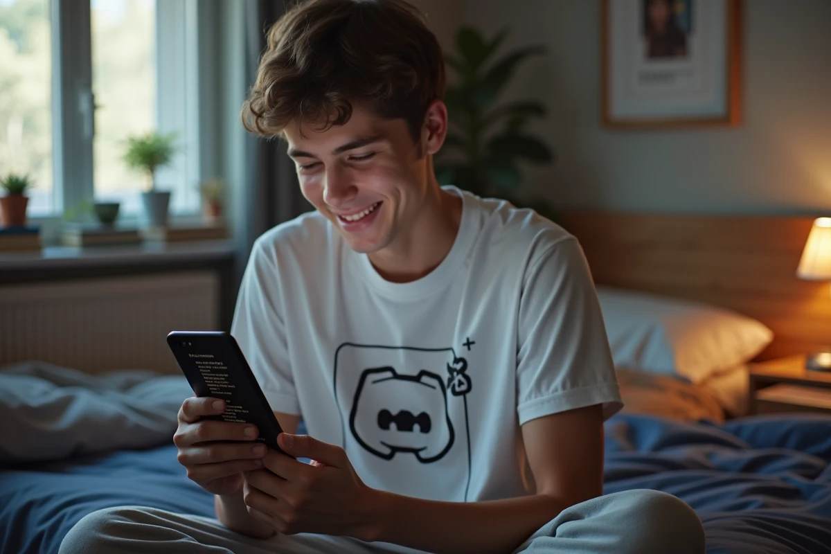 Adolescent utilisant l'application mobile Discord sur son lit pour envoyer un message en italique avec la syntaxe markdown