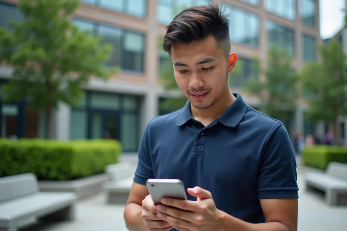 Étudiant consultant les notifications de sa messagerie MyGES sur smartphone en extérieur sur un campus