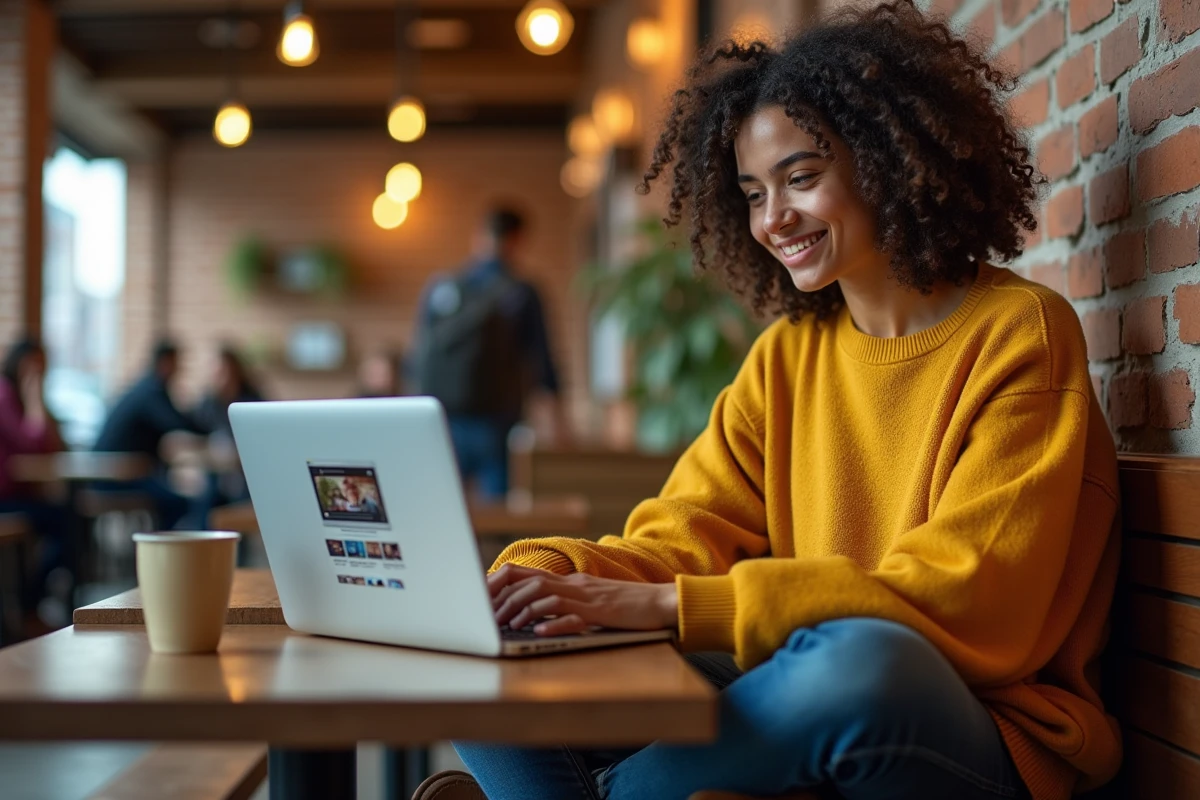 Étudiant téléchargeant des vidéos YouTube via un outil en ligne dans un café urbain avec son ordinateur portable