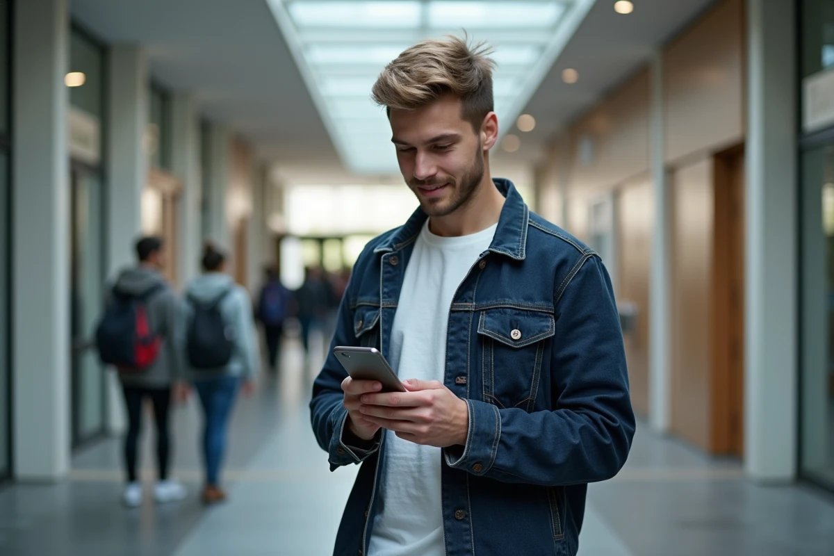 Étudiant consultant le service en ligne de l'UHA sur son smartphone dans un couloir universitaire