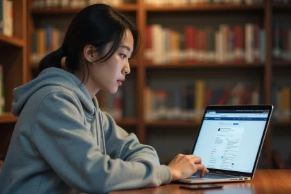 Étudiante consultant sa boîte mail MyGES sur un ordinateur portable dans une bibliothèque universitaire