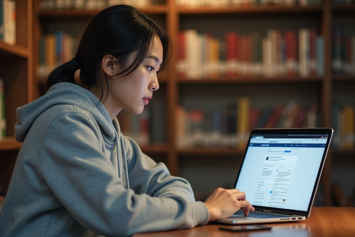 Étudiante consultant sa boîte mail MyGES sur un ordinateur portable dans une bibliothèque universitaire