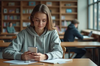 Étudiante configurant la messagerie Zimbra Unicaen sur son smartphone dans une bibliothèque universitaire