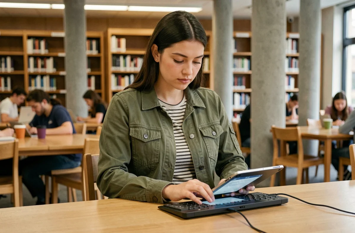 Étudiante utilisant une messagerie institutionnelle sur une tablette dans une bibliothèque universitaire