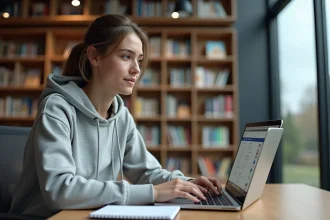 Étudiante utilisant le portail numérique UHA e-Service sur son ordinateur portable dans une bibliothèque universitaire