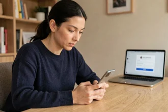 Femme utilisant Facebook Messenger sur smartphone pour configurer la connexion automatique