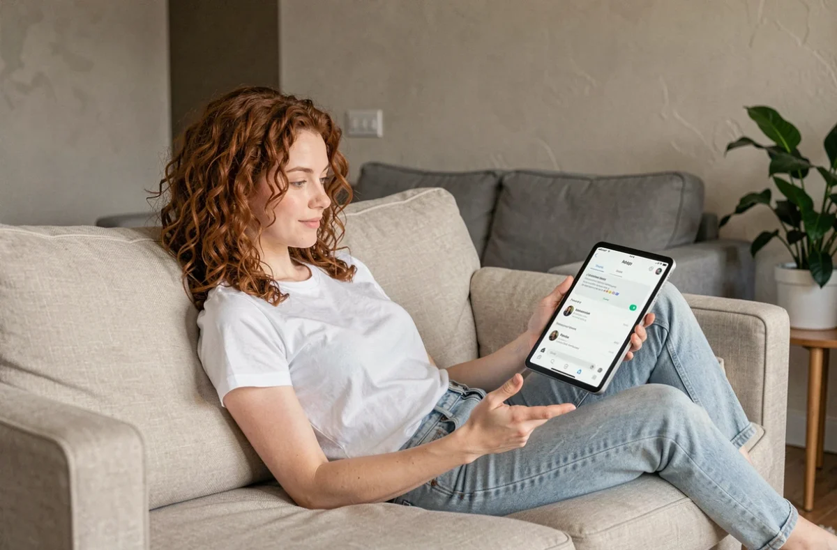 Jeune femme désactivant la connexion automatique de Facebook Messenger sur tablette dans un salon