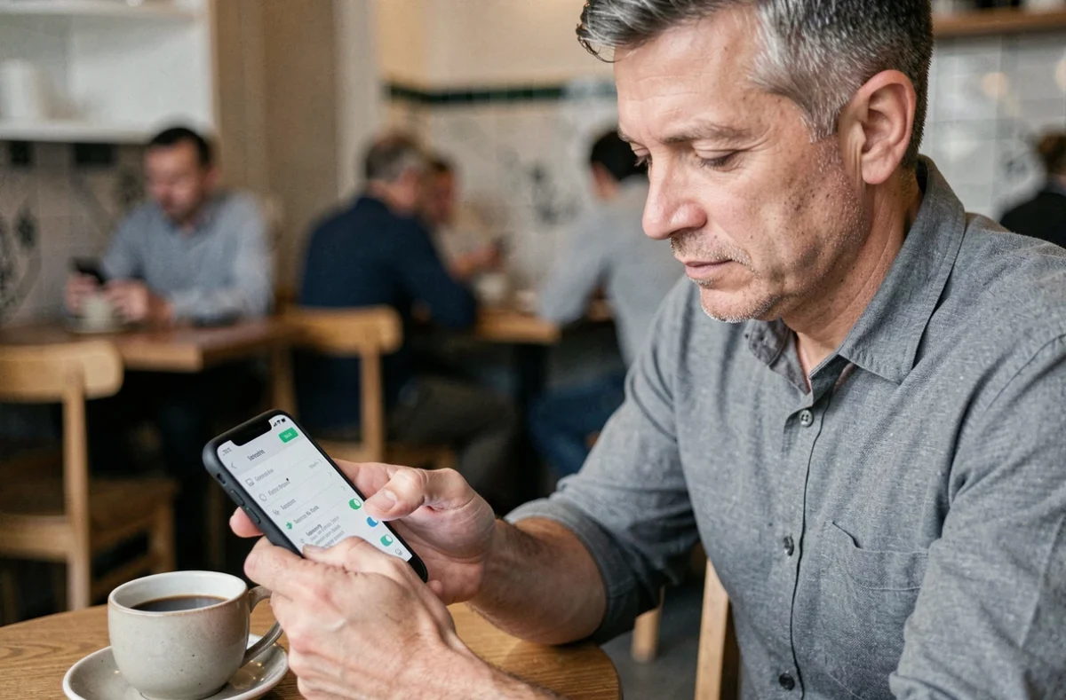 Homme configurant les paramètres de connexion automatique de Facebook Messenger dans un café