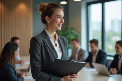 Femme d'affaires souriante expliquant une stratégie en réunion