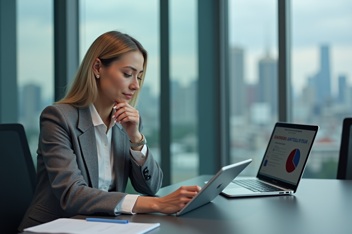 Femme d affaires examine un tableau de comparaison antivirus