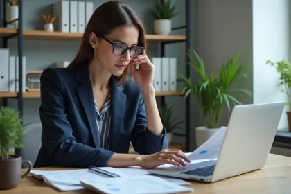 Femme professionnelle analysant le fonctionnement de Puixudosvisdacize sur un ordinateur portable dans un bureau moderne