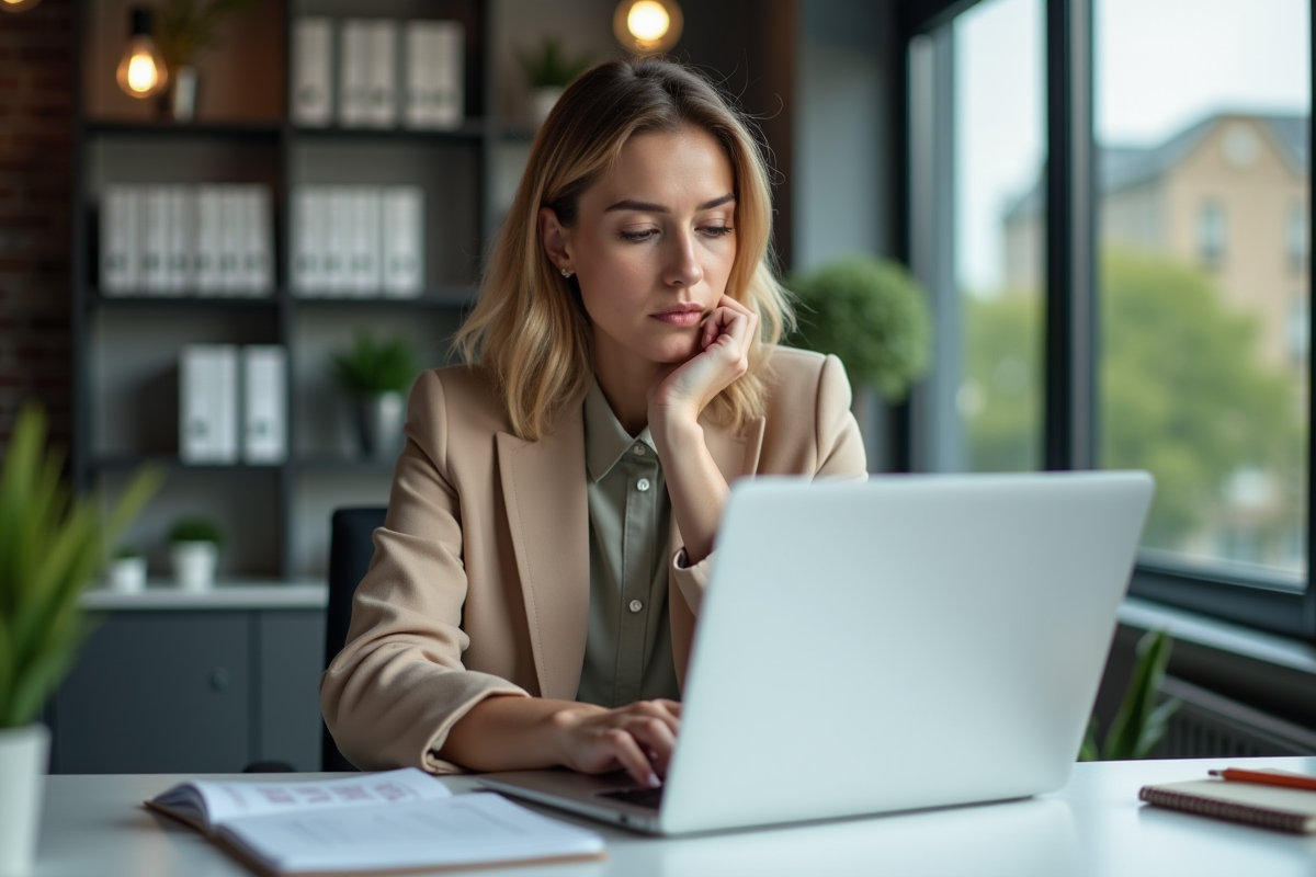 Femme concentrée analysant des données SEO sur son ordinateur