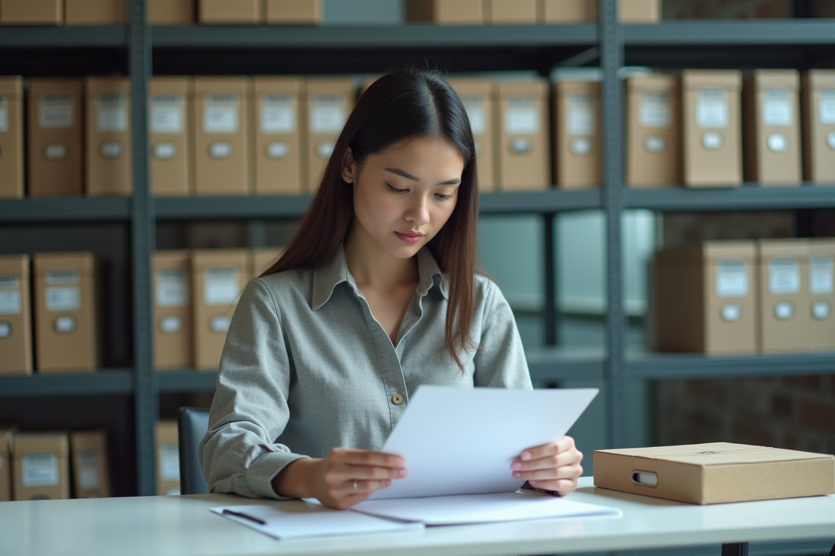 Jeune femme classant et scannant des documents dans un centre darchives