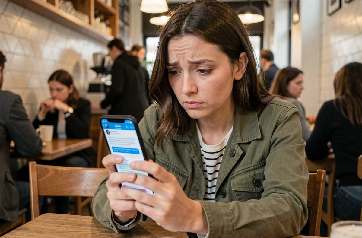 Femme dans un café lisant un message suspect sur son téléphone Android, illustrant les arnaques de déblocage