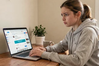 Jeune femme frustrée devant son ordinateur portable face à un accès bloqué sur Instagram via un outil tiers comme Picuki