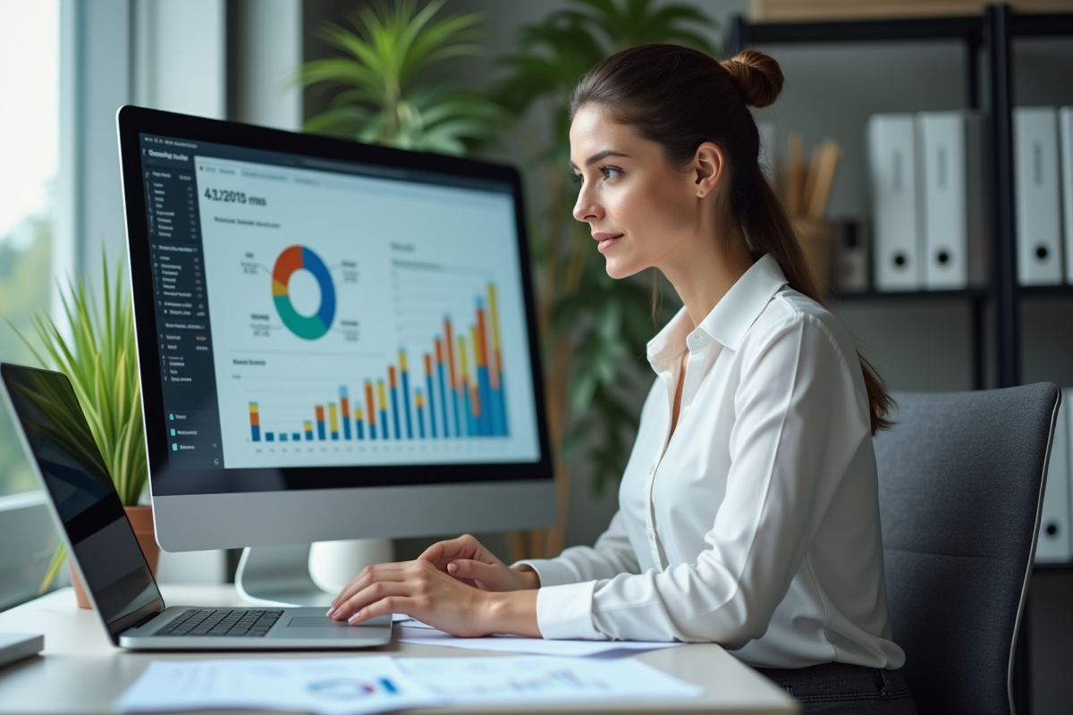 Femme professionnelle concentrée devant un ordinateur avec graphiques
