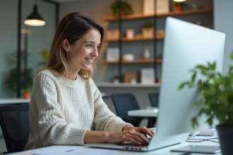 Femme au bureau utilisant un tableau de bord automatisé