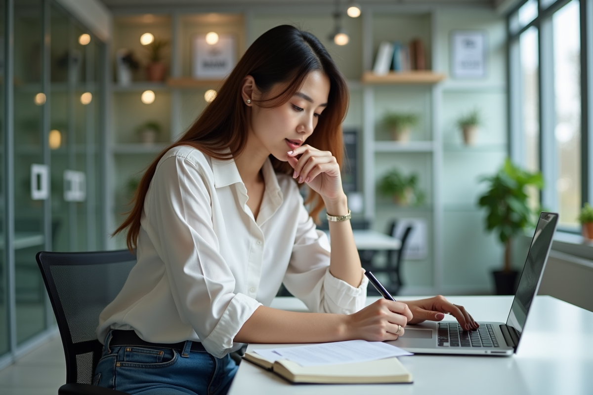 Jeune femme concentrée travaillant sur son ordinateur dans un bureau moderne