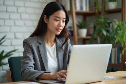 Jeune femme au bureau compare deux emails sur son ordinateur