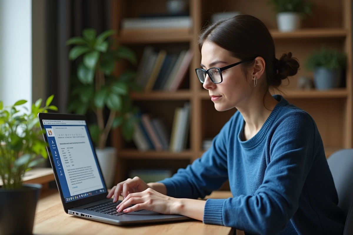 Femme concentrée travaillant sur un ordinateur portable dans un bureau à domicile