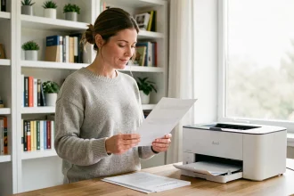 Femme consultant des documents imprimés à côté d'une imprimante jet d'encre dans un bureau à domicile moderne