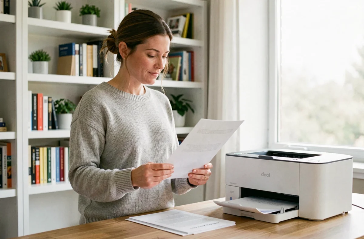 Femme consultant des documents imprimés à côté d'une imprimante jet d'encre dans un bureau à domicile moderne