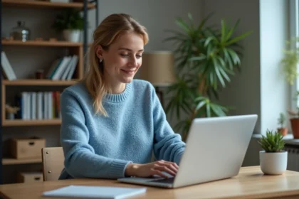 Femme assise à son bureau regardant son interface internet